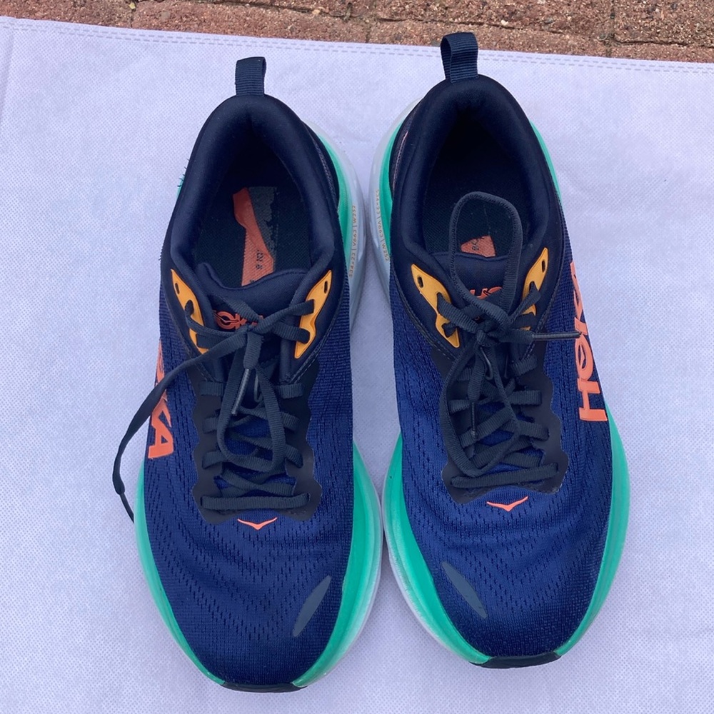 Hoka Bondi 8 Blue and White Athletic Shoes with Cushioned Sole